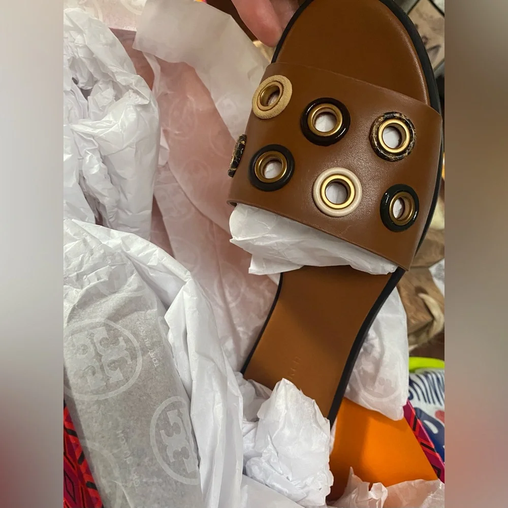 Everly Tan Slide Sandals with Gold and Black Grommet Accents